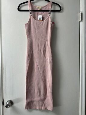 MICHAEL Michael Kors Blush Pink Ribbed Tank Midi Dress with Buckle Straps